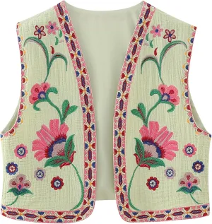 Meihuida Women Embroidered Vest Top Y2k Vintage Open Front Floral Boho Cropped Waistcoat