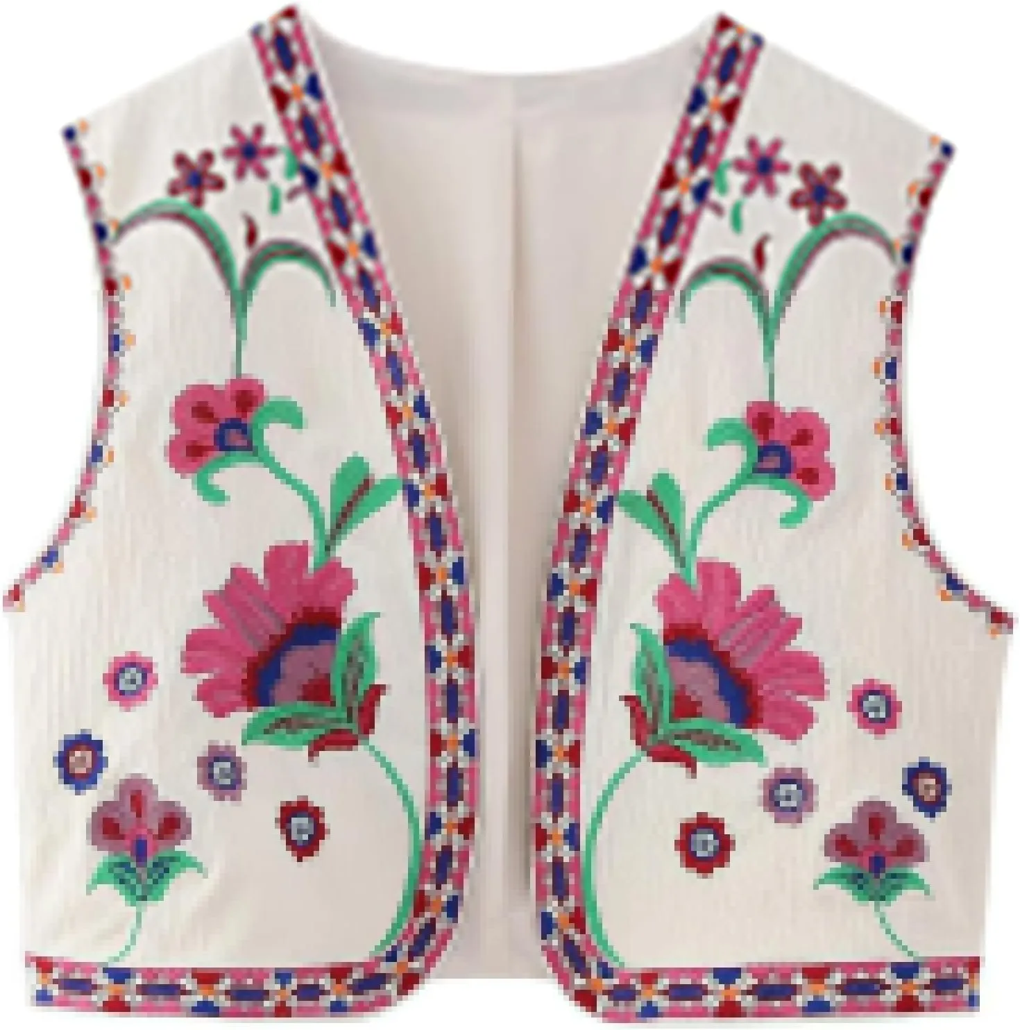 Meihuida Women Embroidered Vest Top Y2k Vintage Open Front Floral Boho Cropped Waistcoat