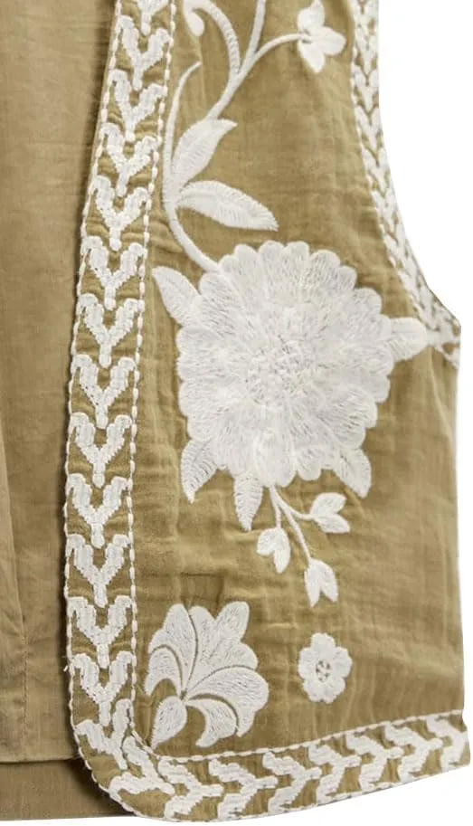 Meihuida Women Embroidered Vest Top Y2k Vintage Open Front Floral Boho Cropped Waistcoat