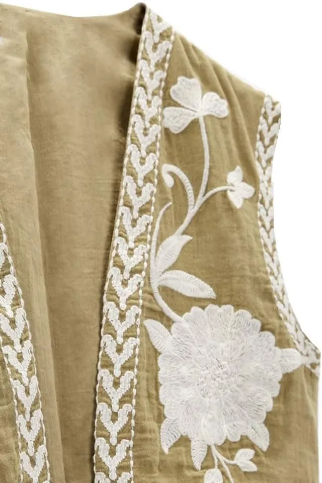 Meihuida Women Embroidered Vest Top Y2k Vintage Open Front Floral Boho Cropped Waistcoat