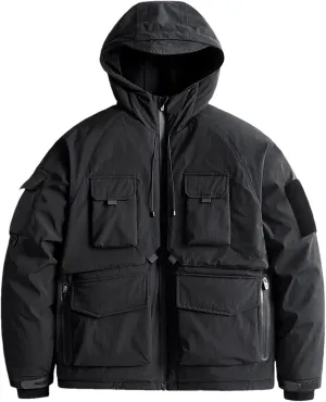 Men Hooded Solid Loose Cotton-Padded Vintage Outdoor Multi-Pocket Tooling Parka Coat