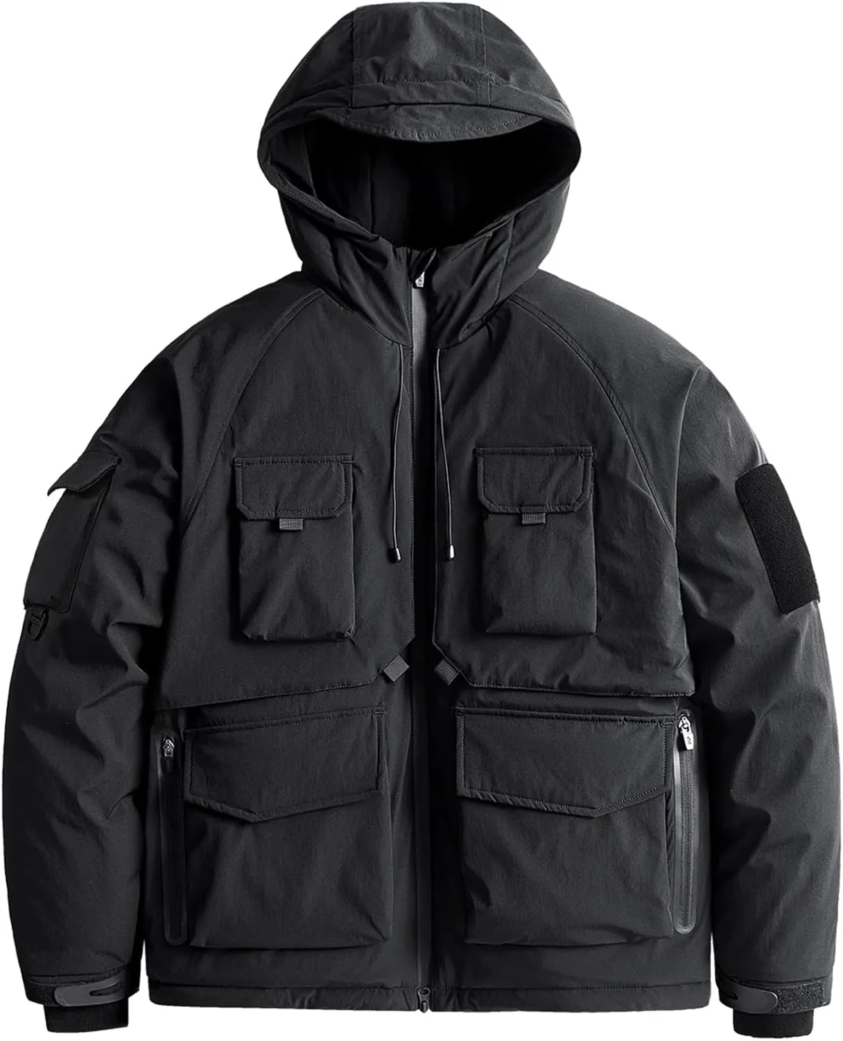 Men Hooded Solid Loose Cotton-Padded Vintage Outdoor Multi-Pocket Tooling Parka Coat