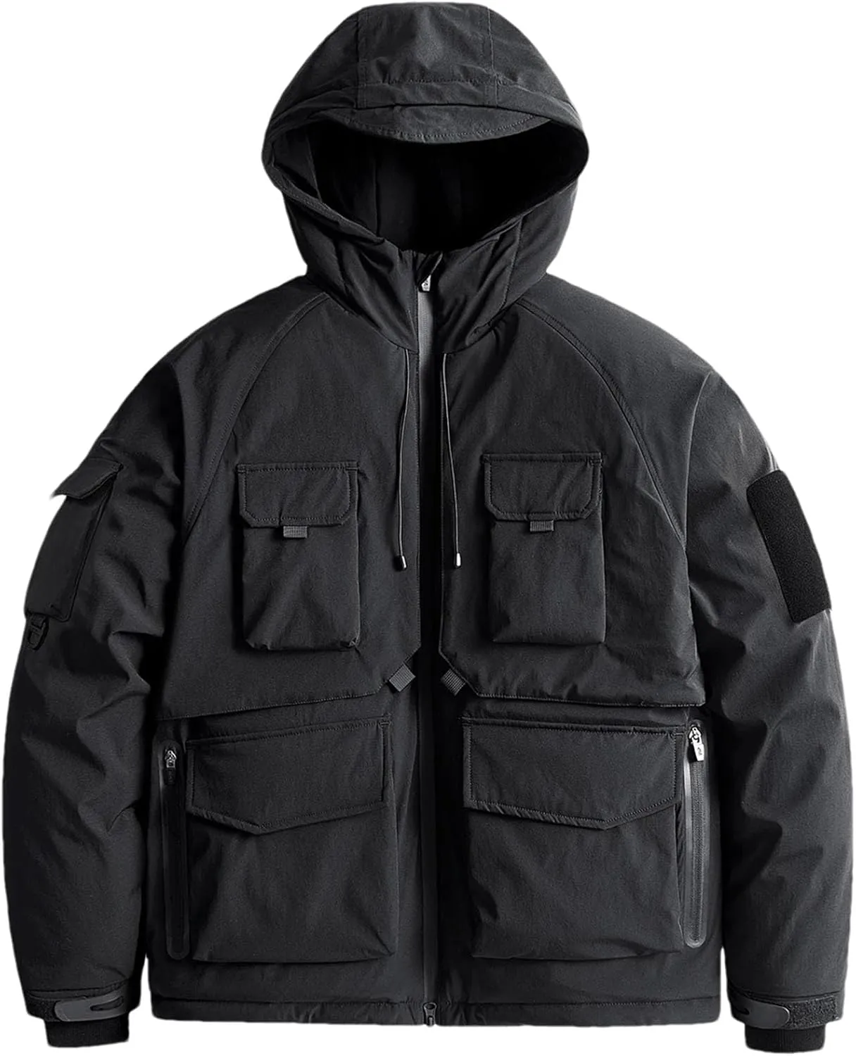 Men Hooded Solid Loose Cotton-Padded Vintage Outdoor Multi-Pocket Tooling Parka Coat