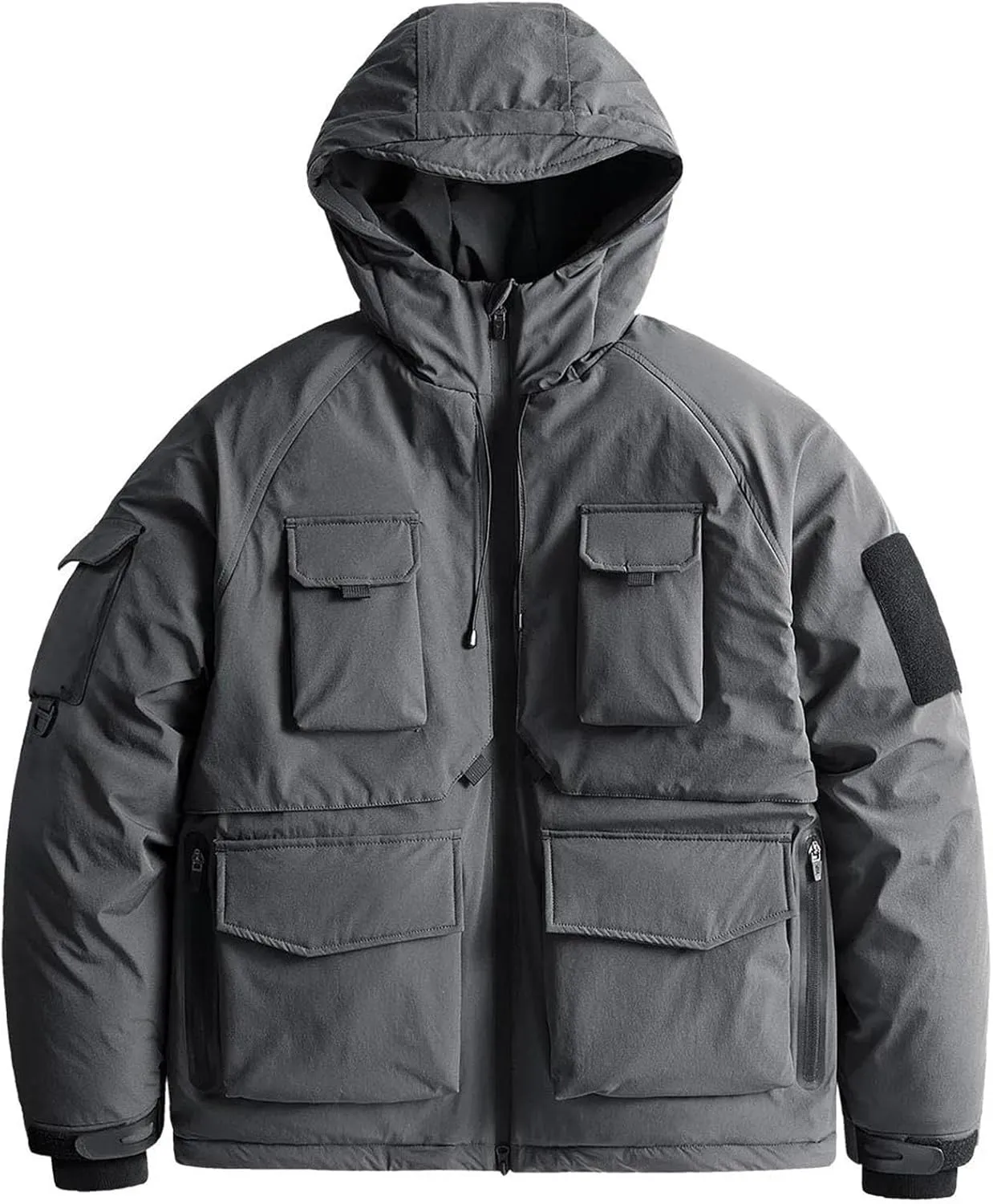 Men Hooded Solid Loose Cotton-Padded Vintage Outdoor Multi-Pocket Tooling Parka Coat