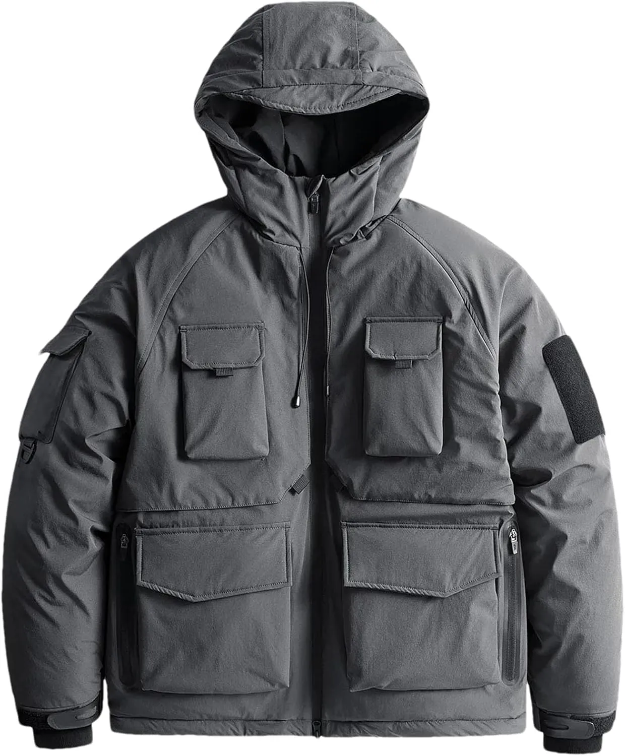 Men Hooded Solid Loose Cotton-Padded Vintage Outdoor Multi-Pocket Tooling Parka Coat