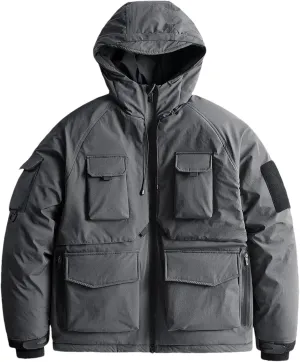 Men Hooded Solid Loose Cotton-Padded Vintage Outdoor Multi-Pocket Tooling Parka Coat