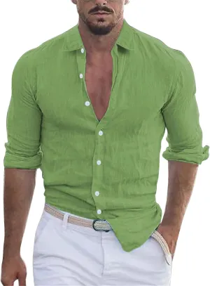 Mens Button Down Shirt Casual Long Sleeve Linen Cotton Shirts Spread Collar Lightweight Beach Shirts Slim Fit Tops