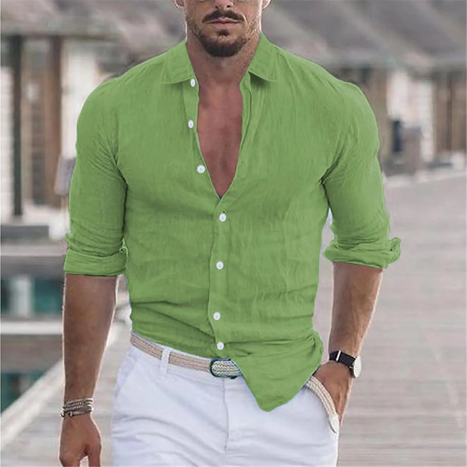 Mens Button Down Shirt Casual Long Sleeve Linen Cotton Shirts Spread Collar Lightweight Beach Shirts Slim Fit Tops