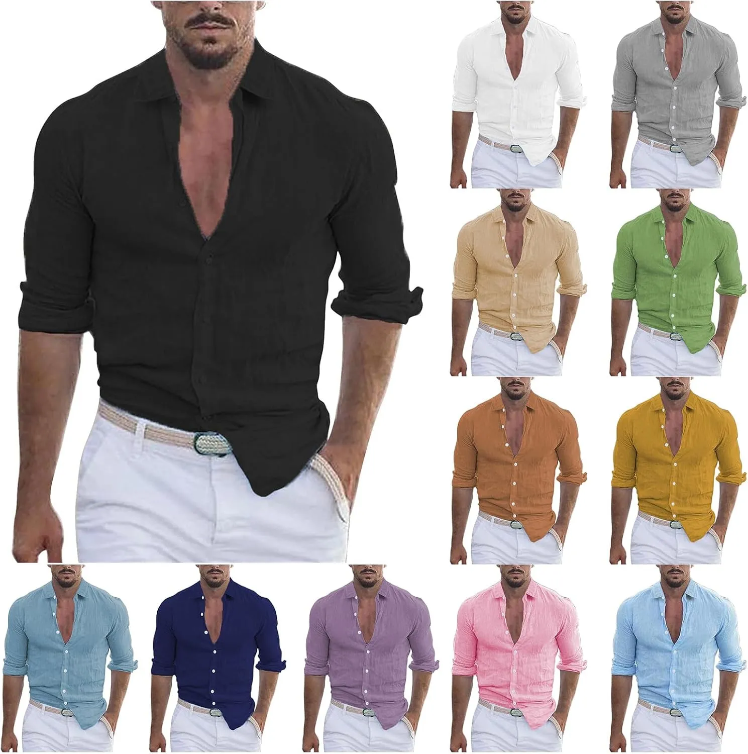 Mens Button Down Shirt Casual Long Sleeve Linen Cotton Shirts Spread Collar Lightweight Beach Shirts Slim Fit Tops