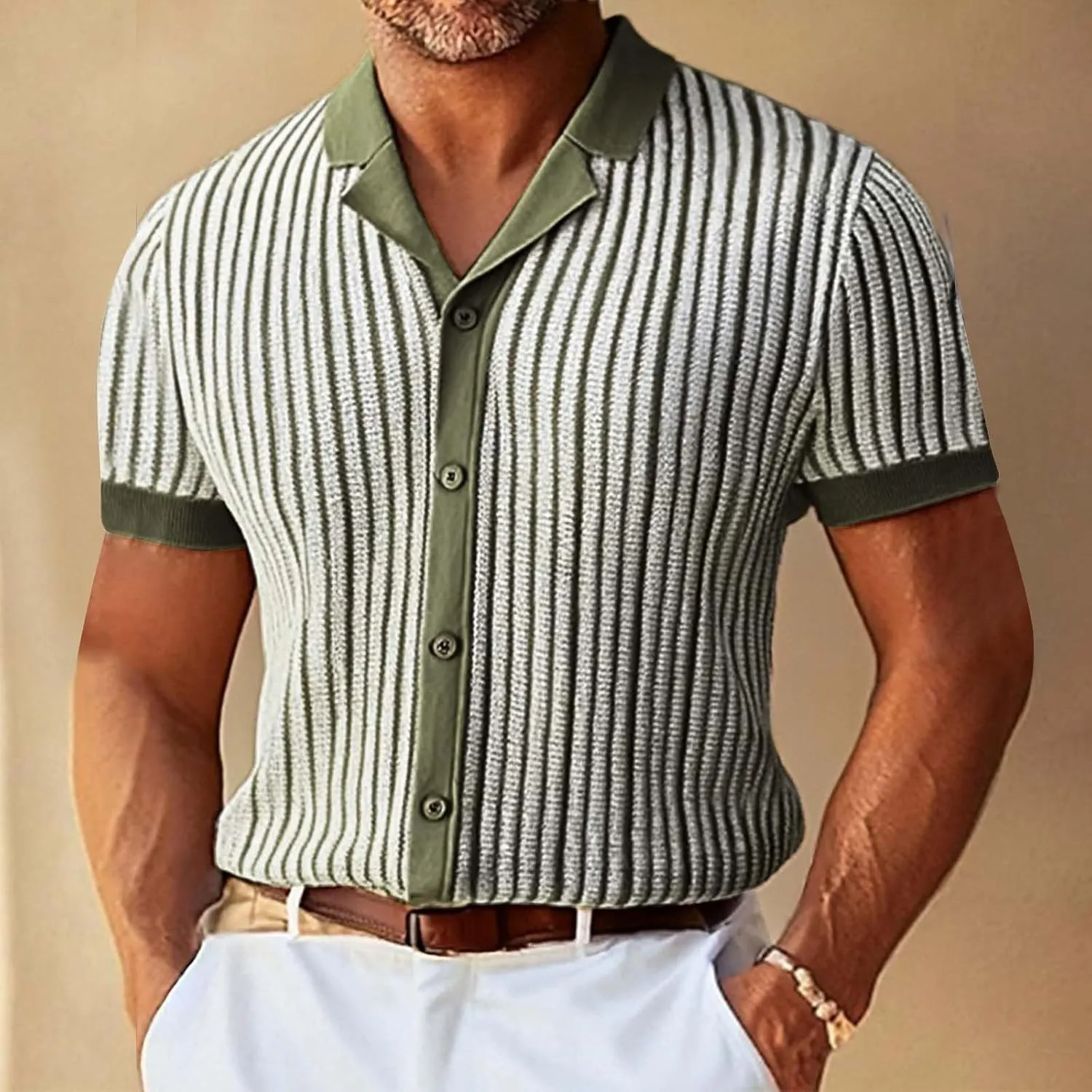 Mens Button Down Short Sleeve Shirt Summer Knit Striped Casual Vintage Beach Tops Retro Vacation Fashion Big and Tall Shirts