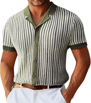 Mens Button Down Short Sleeve Shirt Summer Knit Striped Casual Vintage Beach Tops Retro Vacation Fashion Big and Tall Shirts