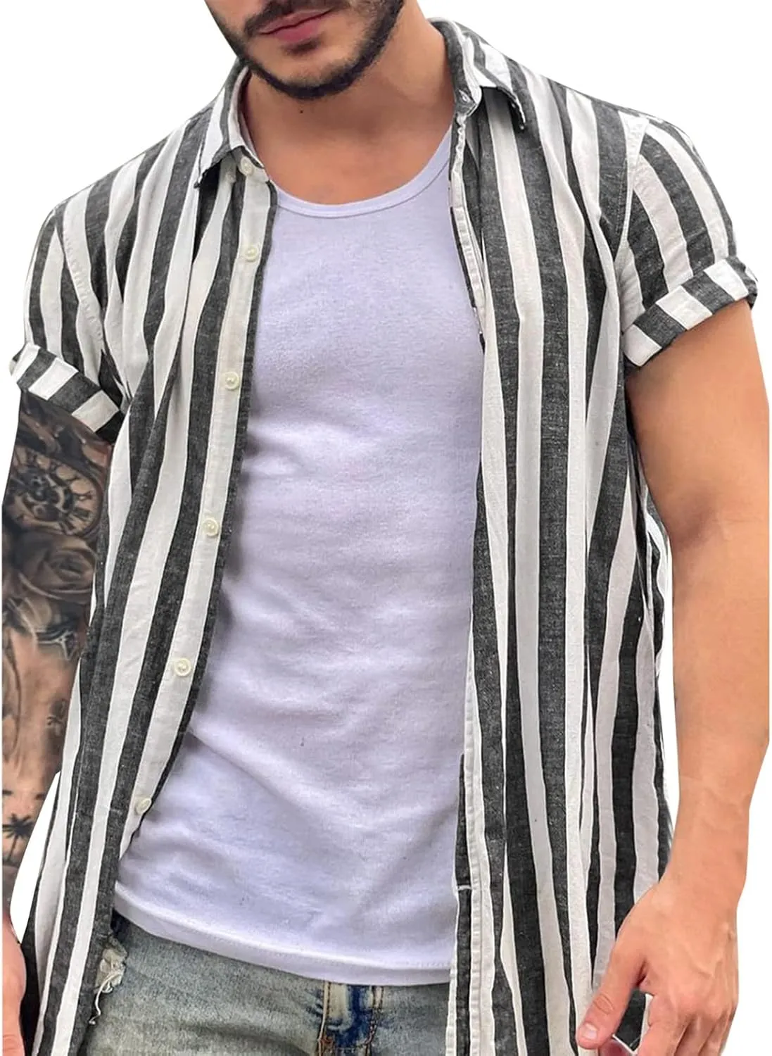 Mens Casual Button Down Striped Shirts Regular Fit Short Sleeve Chambray Dress Shirt Summer V Neck Linen Work Blouse Top