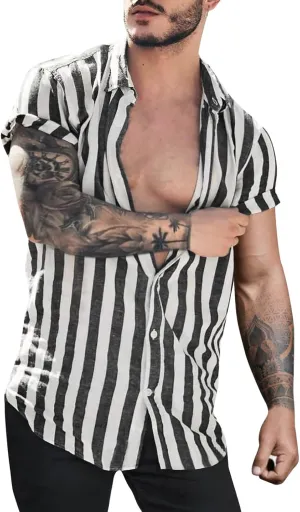 Mens Casual Button Down Striped Shirts Regular Fit Short Sleeve Chambray Dress Shirt Summer V Neck Linen Work Blouse Top