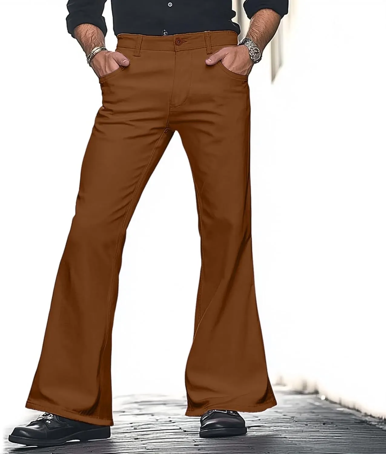 Mens Casual Pants Flare Pants Solid Color Outdoor Stretch Comfortable Hiking Comfy Wide Leg Disco Pant with Pockets