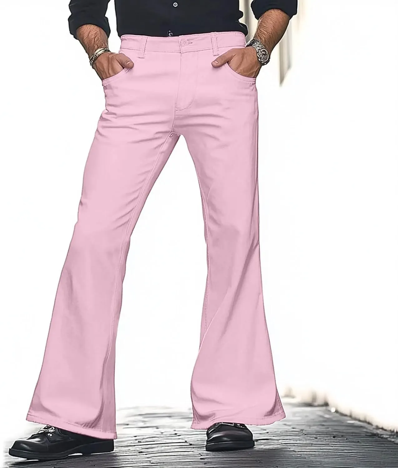 Mens Casual Pants Flare Pants Solid Color Outdoor Stretch Comfortable Hiking Comfy Wide Leg Disco Pant with Pockets