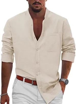 Men's Cotton Linen Long Sleeve Shirts Casual Button Down Banded Collar Beach Summer Tops for Vacation with Pocket