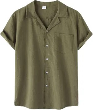 Mens Cotton Linen Summer Shirts, Striped Solid Turndown Collar, Button Down Short Sleeve Shirts, for Casual Beach