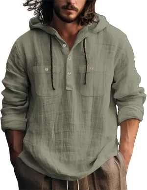 Mens Linen Shirts Long Sleeve Plain Drawstring Half Button Hooded Shirt Summer Casual Beach Hoodie Tops with Pockets