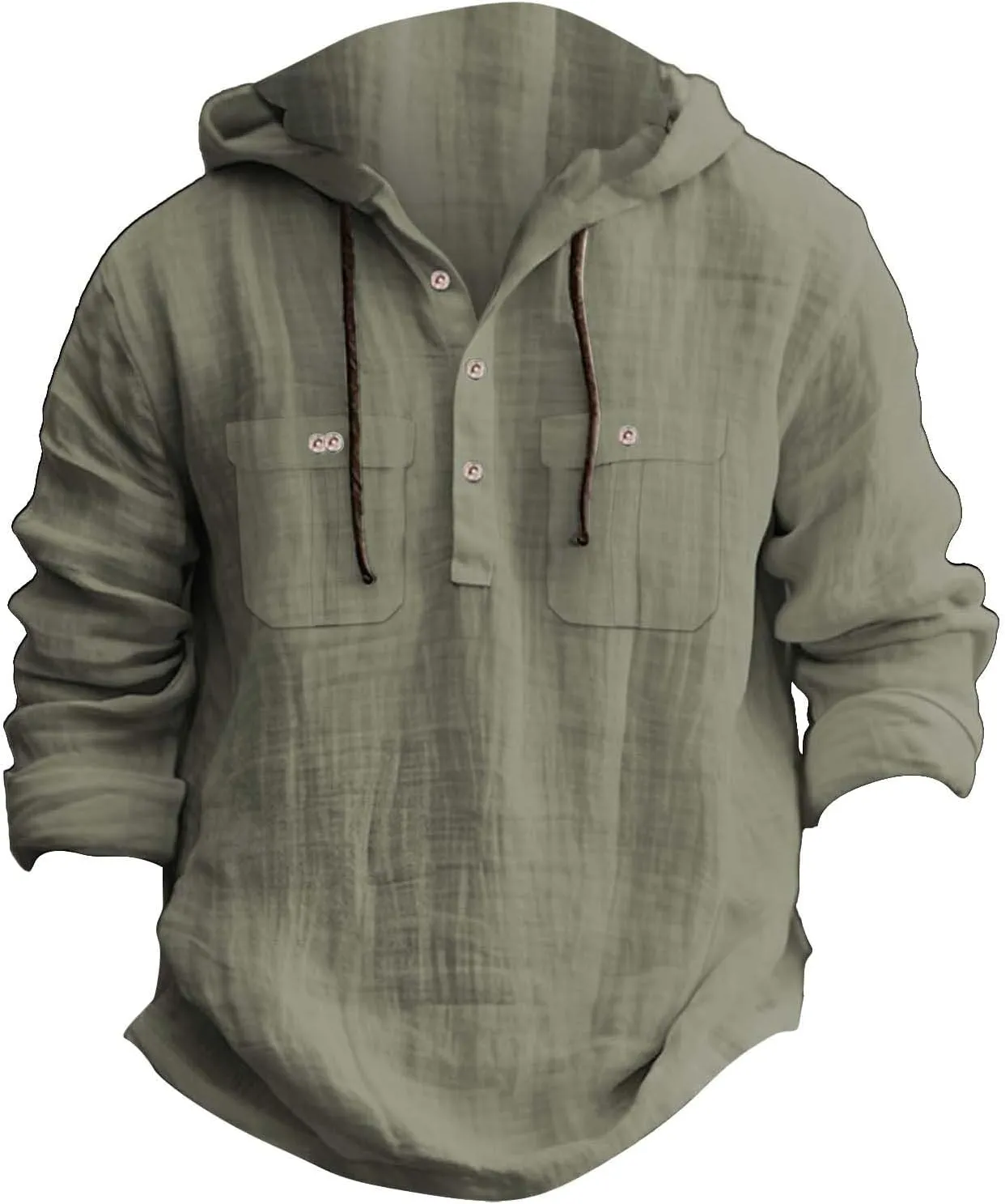 Mens Linen Shirts Long Sleeve Plain Drawstring Half Button Hooded Shirt Summer Casual Beach Hoodie Tops with Pockets