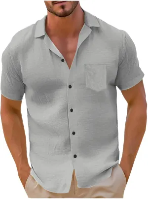 Men's Linen Shirts Short Sleeve Casual Shirts Solid Button Down Shirts Vacation Beach Summer Tops with Pocket