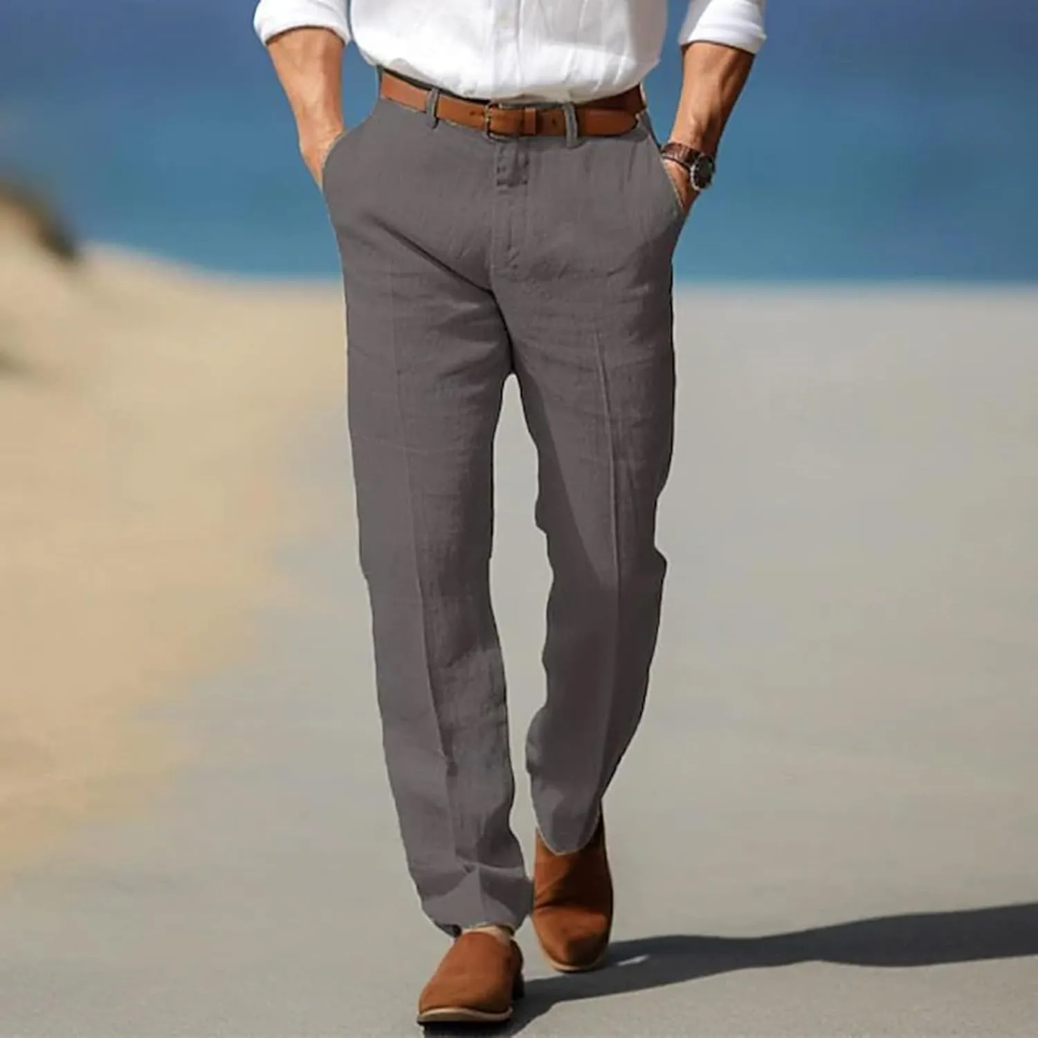Men's Pants Linen Pants Solid Color Straight Business Summer Casual Comfortable Beach Fashion Slim Fit Dress Pant