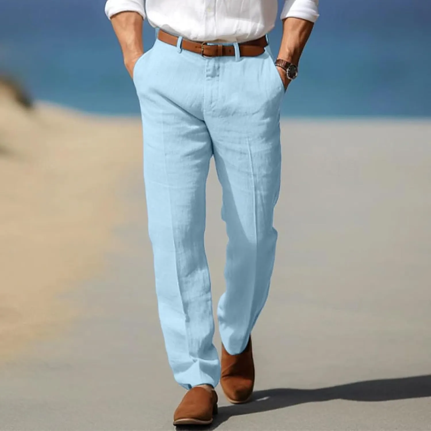 Men's Pants Linen Pants Solid Color Straight Business Summer Casual Comfortable Beach Fashion Slim Fit Dress Pant