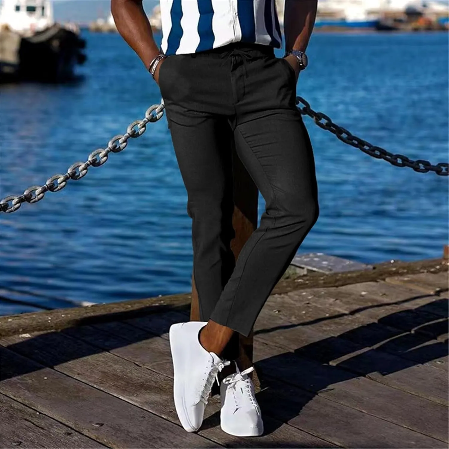 Mens Slim Fit Stretchy Casual Pants with Drawstrings Breathable Tapered Chino Pants for Work Flat Front Casual Golf Pant