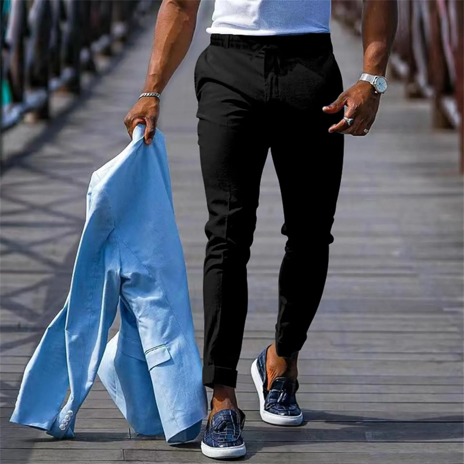 Mens Slim Fit Stretchy Casual Pants with Drawstrings Breathable Tapered Chino Pants for Work Flat Front Casual Golf Pant
