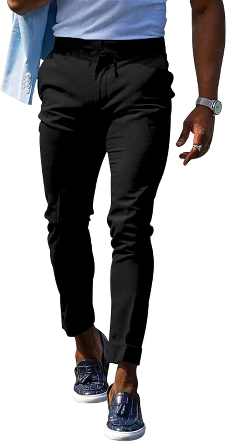 Mens Slim Fit Stretchy Casual Pants with Drawstrings Breathable Tapered Chino Pants for Work Flat Front Casual Golf Pant