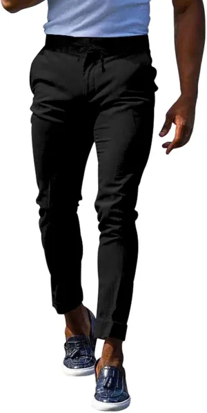 Mens Slim Fit Stretchy Casual Pants with Drawstrings Breathable Tapered Chino Pants for Work Flat Front Casual Golf Pant