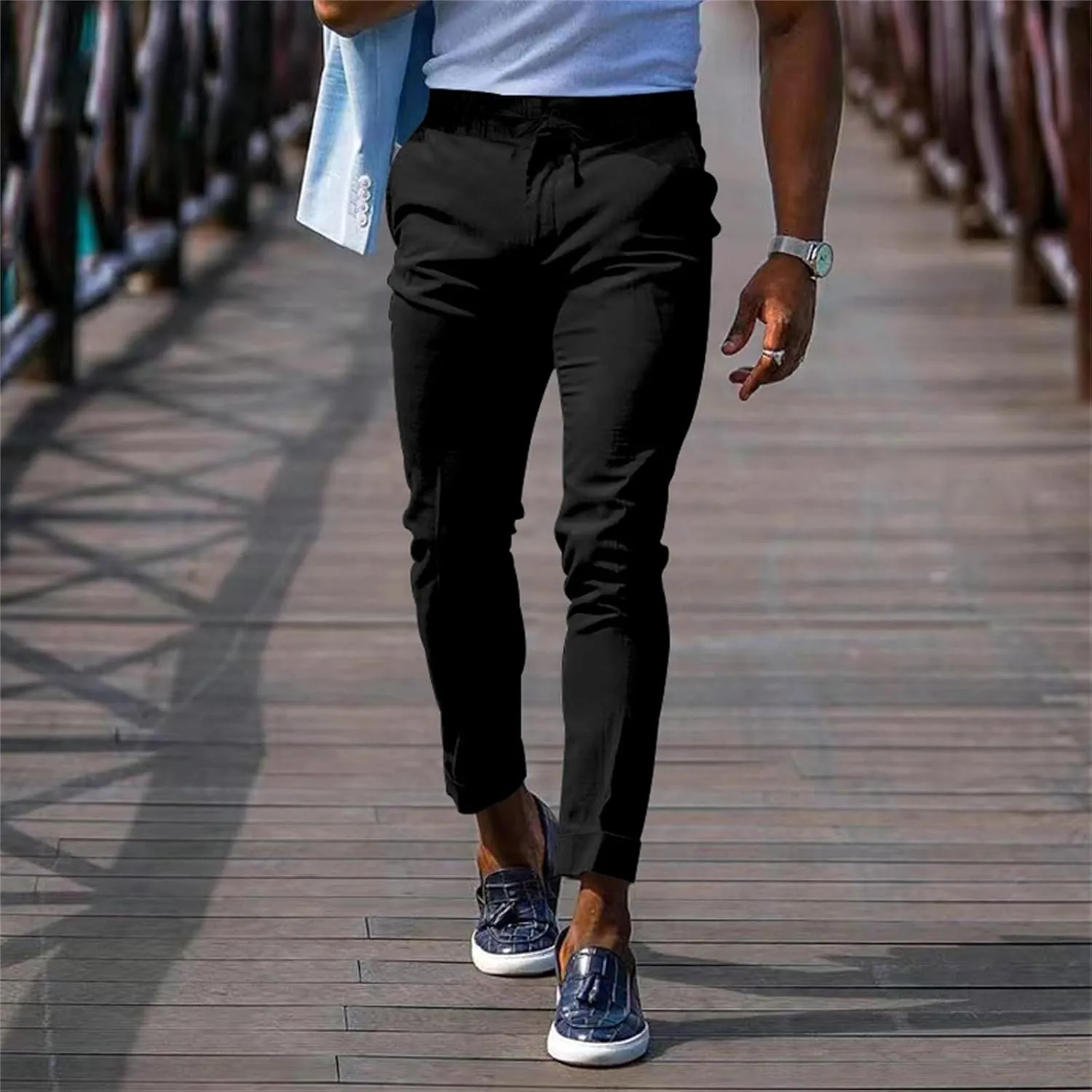 Mens Slim Fit Stretchy Casual Pants with Drawstrings Breathable Tapered Chino Pants for Work Flat Front Casual Golf Pant