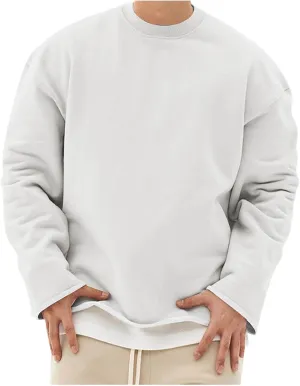 Mens Solid Color Crewneck Long Sleeve T-Shirt Oversized Casual Pullover Top Loose Fit Comfy Shirts Y2k Streetwear