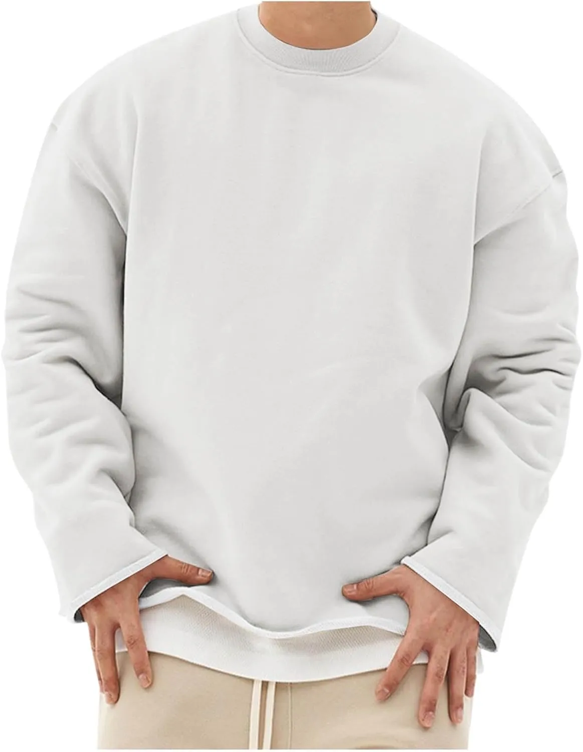 Mens Solid Color Crewneck Long Sleeve T-Shirt Oversized Casual Pullover Top Loose Fit Comfy Shirts Y2k Streetwear