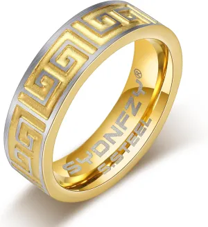 Mens Wedding Band Ring - Fashion Durable Stainless Steel Engagement Promise Rings for Men Women, 6mm Greek Key Ring for Men Couple Jewelry Gift Ring Size 6 7 8 9 10 11