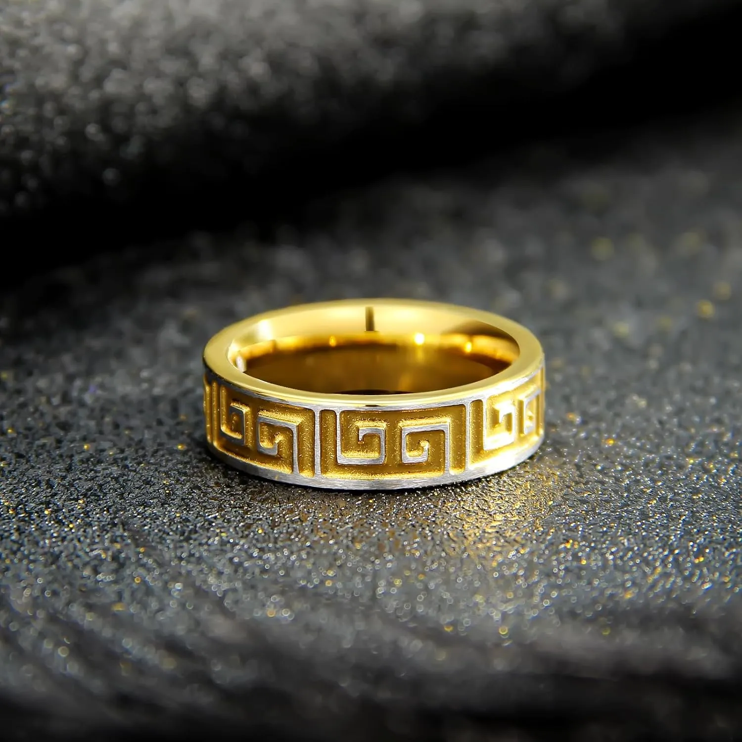 Mens Wedding Band Ring - Fashion Durable Stainless Steel Engagement Promise Rings for Men Women, 6mm Greek Key Ring for Men Couple Jewelry Gift Ring Size 6 7 8 9 10 11