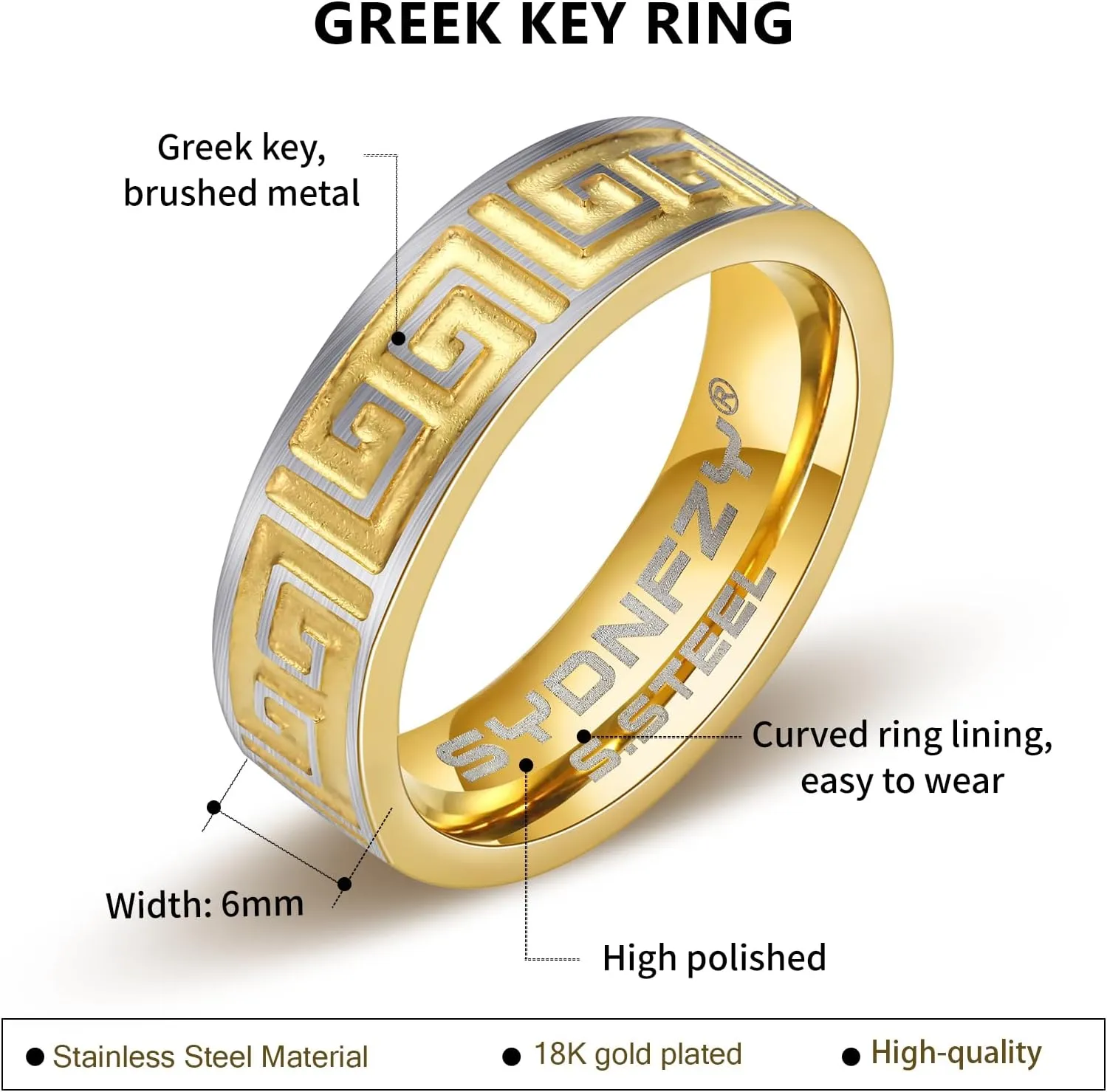 Mens Wedding Band Ring - Fashion Durable Stainless Steel Engagement Promise Rings for Men Women, 6mm Greek Key Ring for Men Couple Jewelry Gift Ring Size 6 7 8 9 10 11