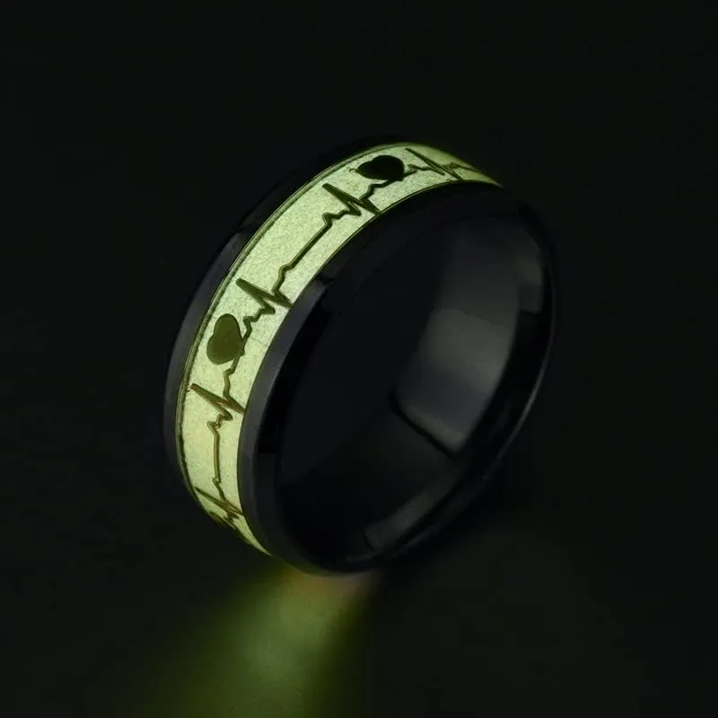 Men's Women's Stainless Steel Dark Luminous Glowing Silver/Black Band 8mm Width Engagement Promise Wedding Ring Glow in The Dark 7-12#