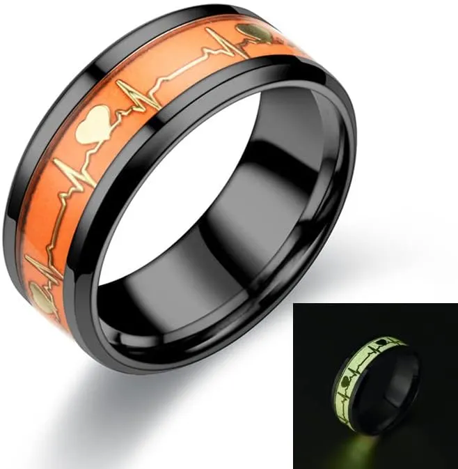 Men's Women's Stainless Steel Dark Luminous Glowing Silver/Black Band 8mm Width Engagement Promise Wedding Ring Glow in The Dark 7-12#