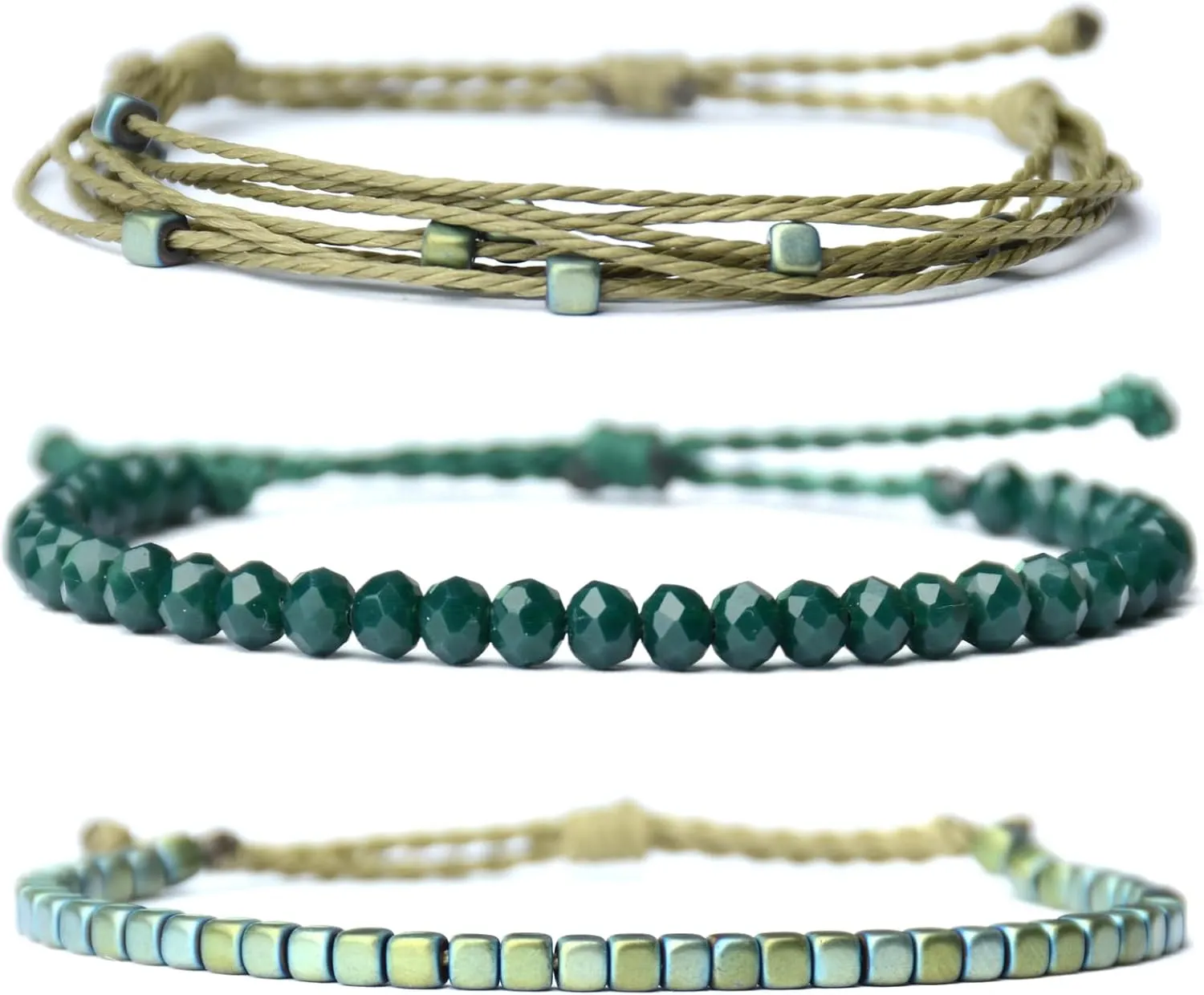 Mezcla Vida 3 Pcs Handmade Women's Stackable Bracelet Set, Adjustable Rope Bracelets Bracelets with Hematite and Glass Beads