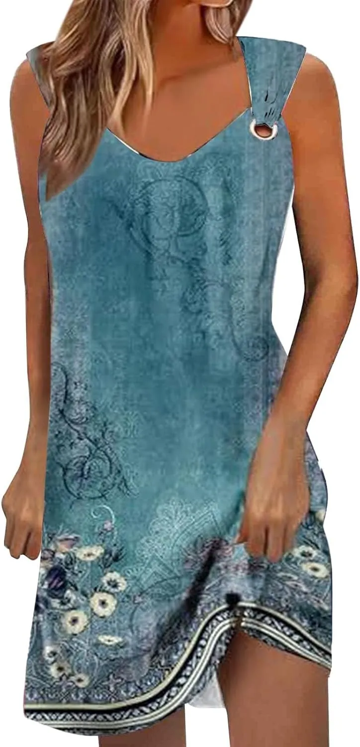 Midi Boho Dresses for Women Ring Straps Sleeveless Summer Casual Dress Sexy Elegant Beach Dress Flowy Mini Tank Dress