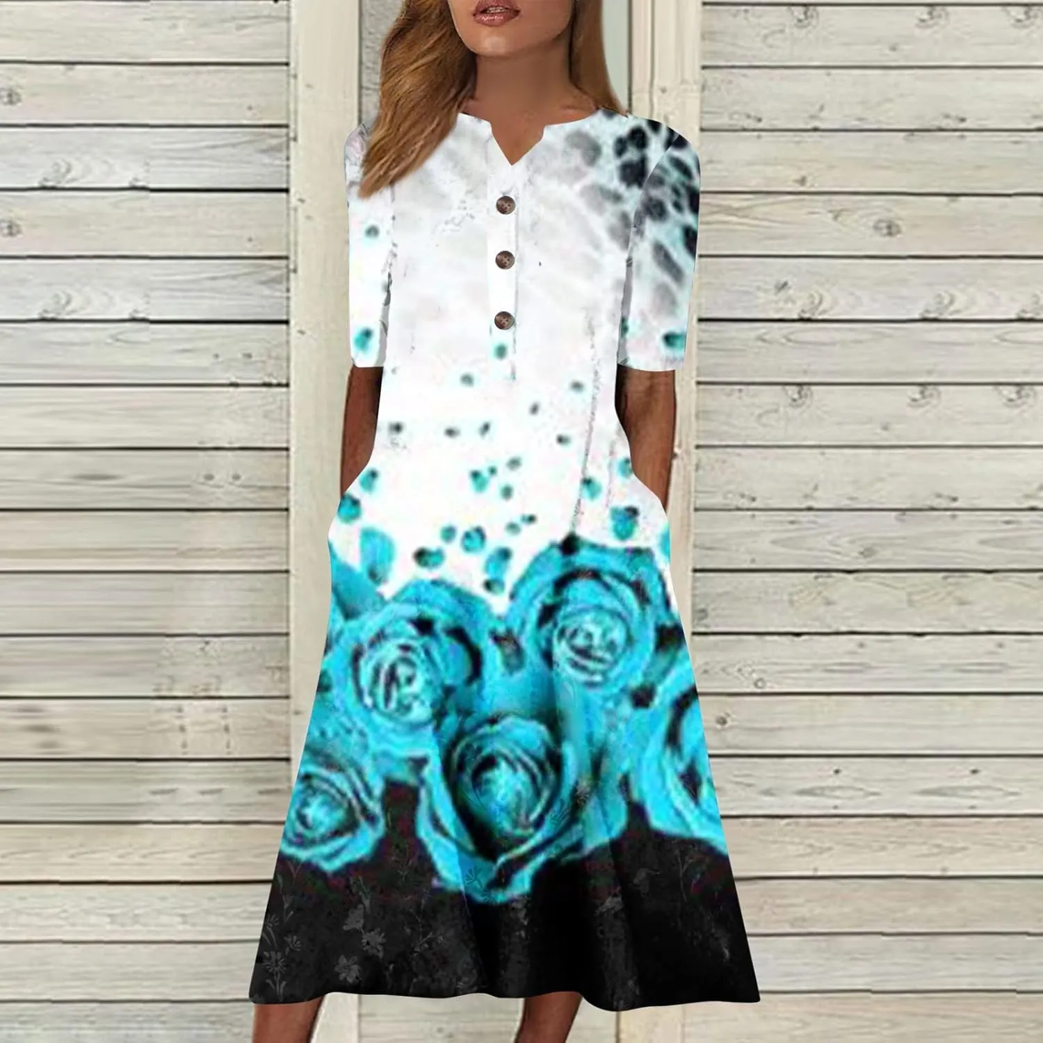 Midi Dresses for Women Elegant Floral Sexy V Neck Short Sleeve Summer Dress Casual Button Down Smocked Flowy Dress