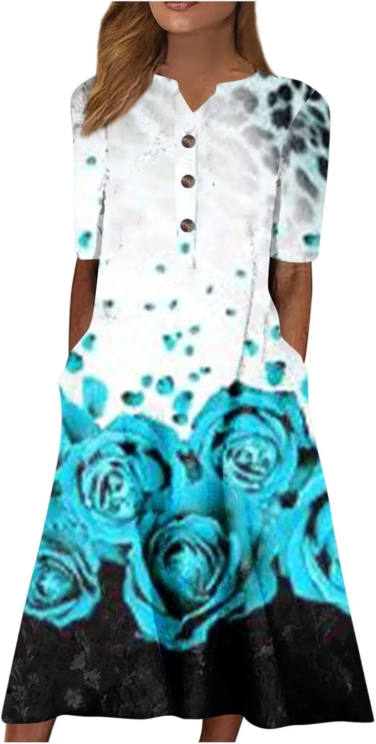 Midi Dresses for Women Elegant Floral Sexy V Neck Short Sleeve Summer Dress Casual Button Down Smocked Flowy Dress