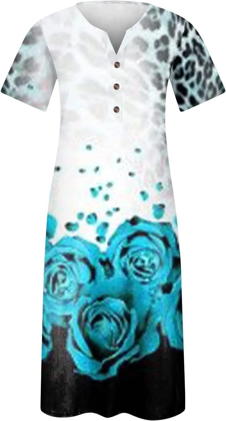Midi Dresses for Women Elegant Floral Sexy V Neck Short Sleeve Summer Dress Casual Button Down Smocked Flowy Dress