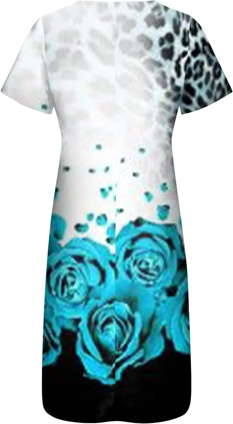 Midi Dresses for Women Elegant Floral Sexy V Neck Short Sleeve Summer Dress Casual Button Down Smocked Flowy Dress