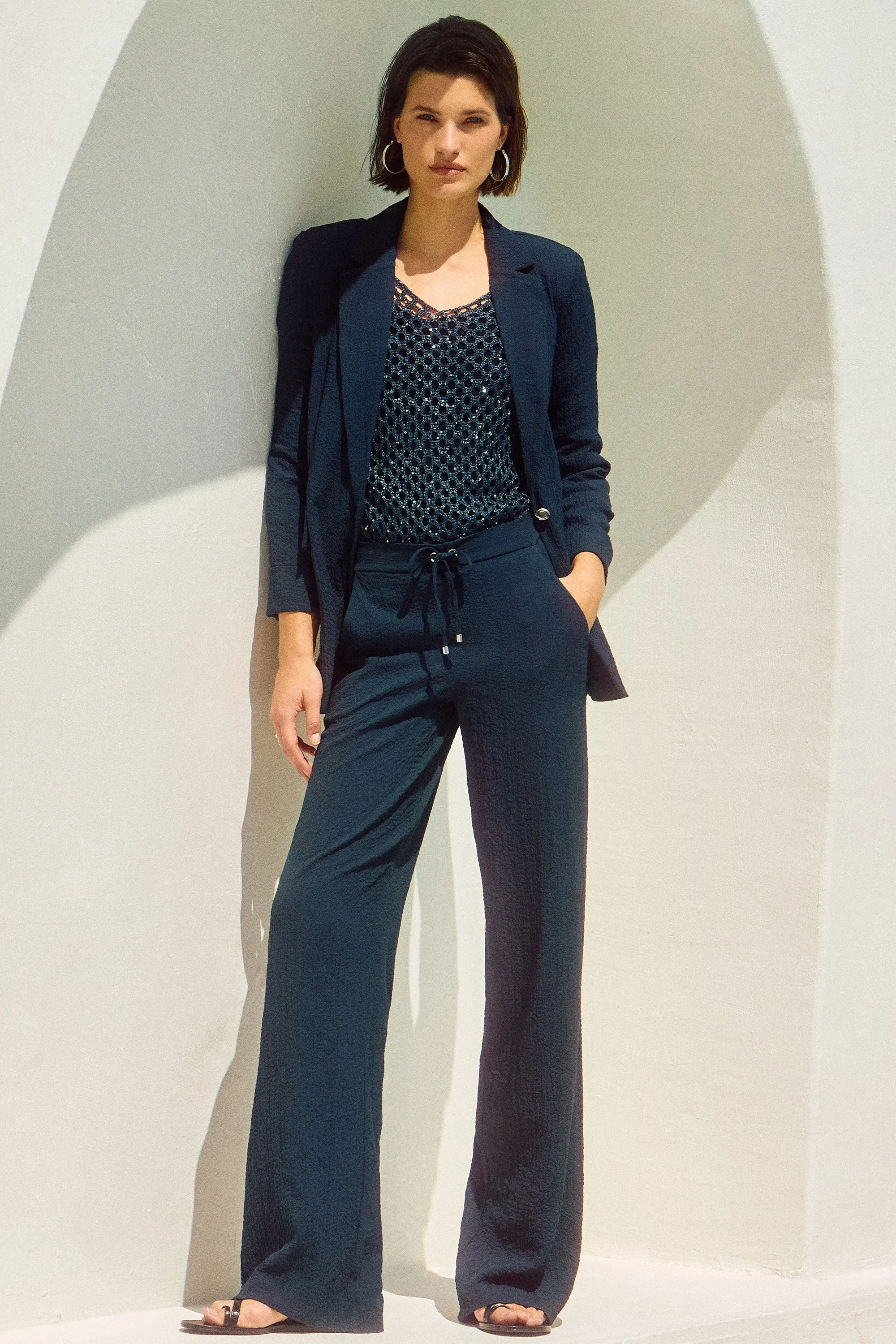 MIDNIGHT BLUE SEERSUCKER WIDE LEG PANT