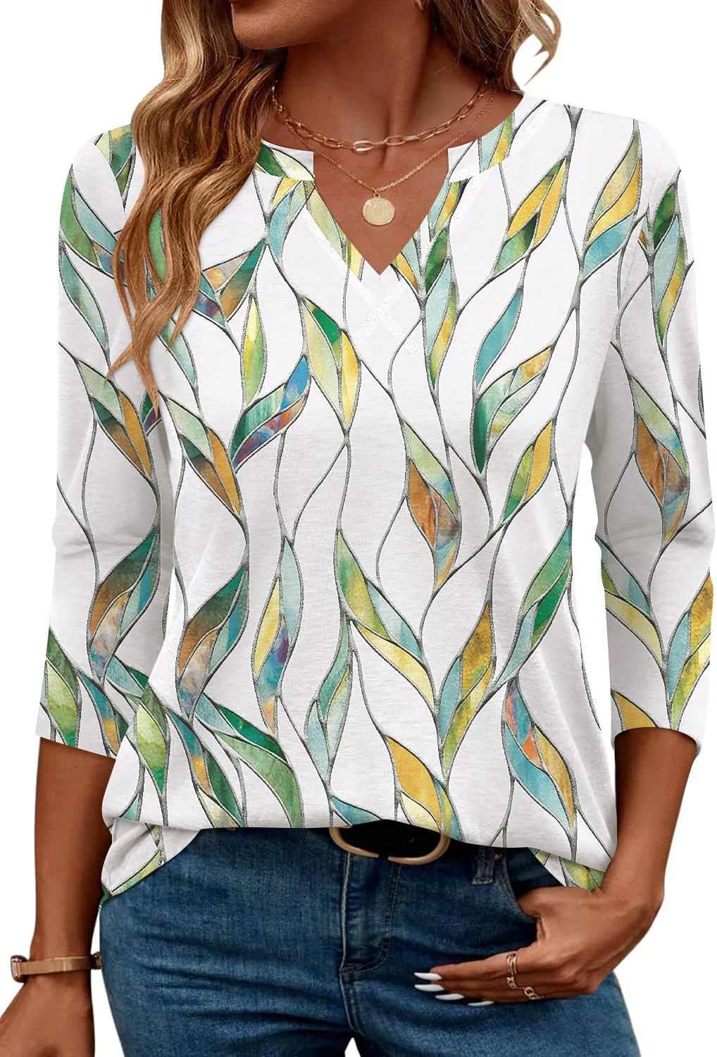 MIHOLL Womens Tops 3/4 Sleeve Spring Summer Shirts V Neck Basic Casual Loose Tunic Blouses