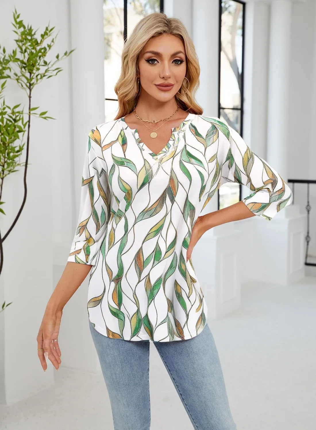 MIHOLL Womens Tops 3/4 Sleeve Spring Summer Shirts V Neck Basic Casual Loose Tunic Blouses
