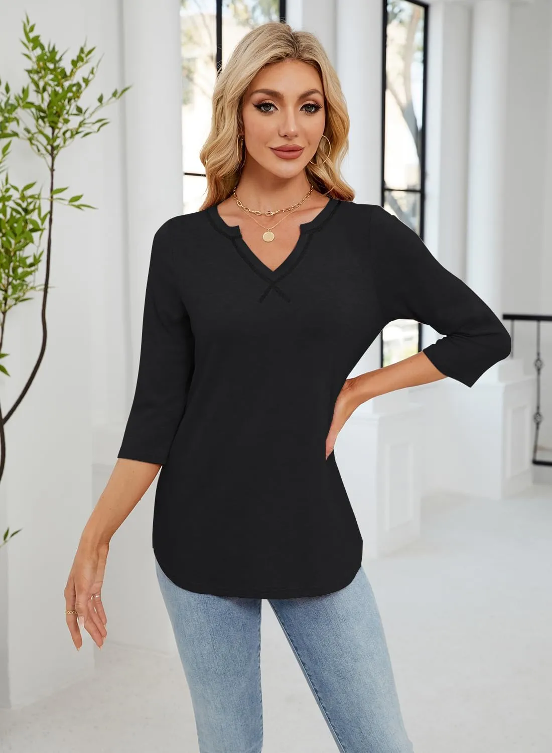 MIHOLL Womens Tops 3/4 Sleeve Spring Summer Shirts V Neck Basic Casual Loose Tunic Blouses