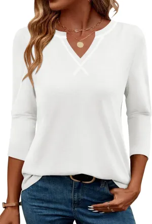 MIHOLL Womens Tops 3/4 Sleeve Spring Summer Shirts V Neck Basic Casual Loose Tunic Blouses