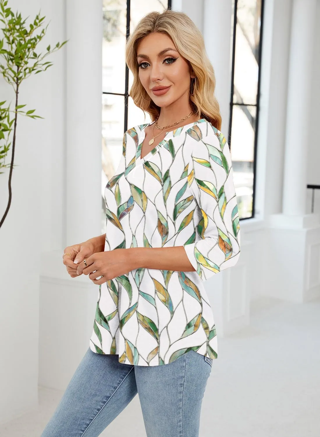 MIHOLL Womens Tops 3/4 Sleeve Spring Summer Shirts V Neck Basic Casual Loose Tunic Blouses